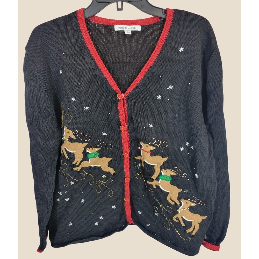 Mercer Street Studio Reindeer Christmas Cardigan Sweater Holiday Beaded Black XL